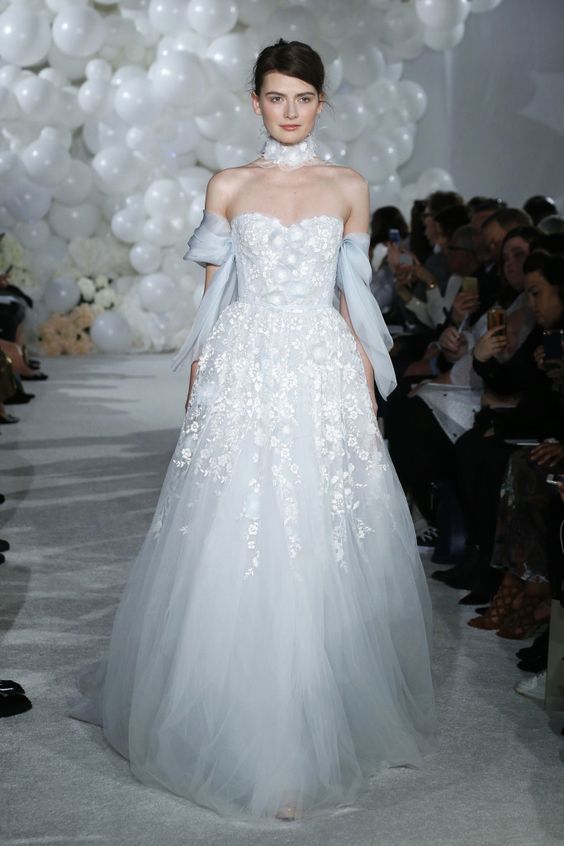 Bridal Gown - Blue and Pink Bridal Accents - Mira Zwillnger - spring 18 - via WWD.com