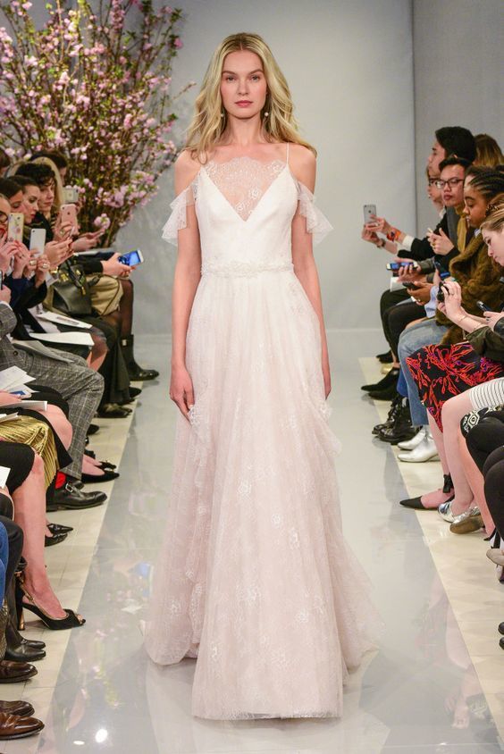 Bridal Gown - Blue and Pink Bridal Accents - Theia - Spring 18 - via WWD.com