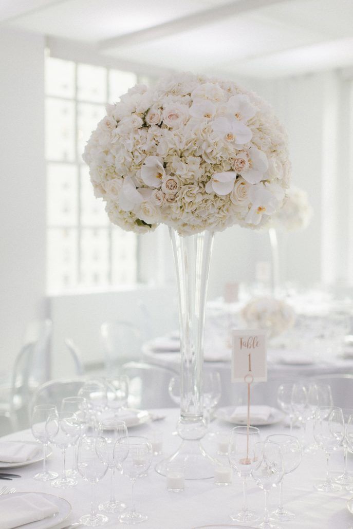 Alice & Chris Wedding - High Centerpiece White Hydrangea Roses Orchids - 620 Loft and Garden NYC - Photography by Samm Blake