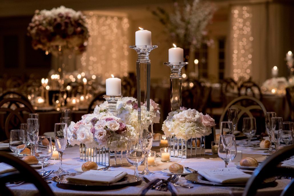 Danielle & Noah Wedding - Cold Spring Country Club NY - Low Centerpieces Roses Hydrangea Mirror Vases Crystal Candleholders -Photography by Brett Matthews