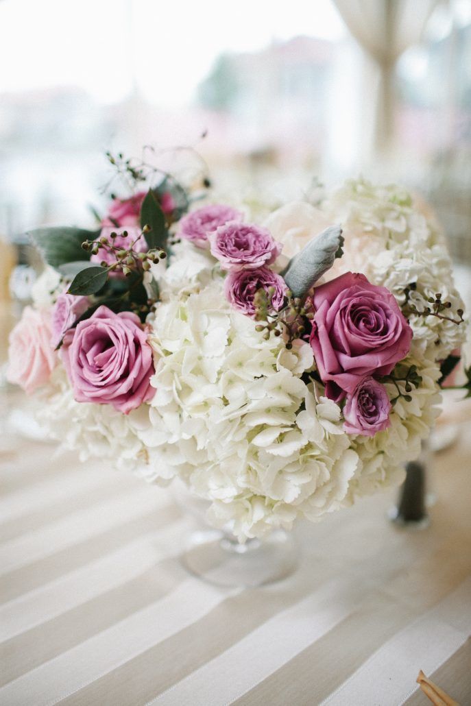 Cheryl & Lovin Wedding - Hydrangea Purple Rose Majolica Seeded Euc Rose Low Centerpiece - Greentree Country Club - by Caroline Yoon Photography