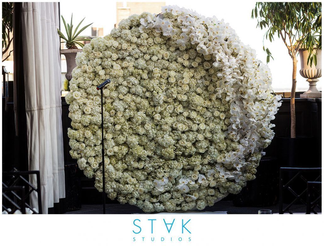 Mairin and Seo Wedding - Hydrangea Tibet Rose Phal Orchid Round Flower Wall - Gramercy Park Hotel - Photography by Stak Studios