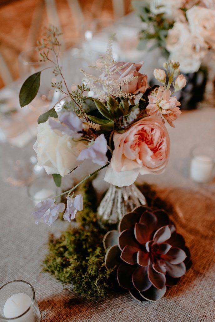 Stephanie & Mike Wedding - Table Decor - Roses Eucalyptus Moss Succulent - Detail - Blue Hill at Stone Barns - Photography by Golden Hour Studio
