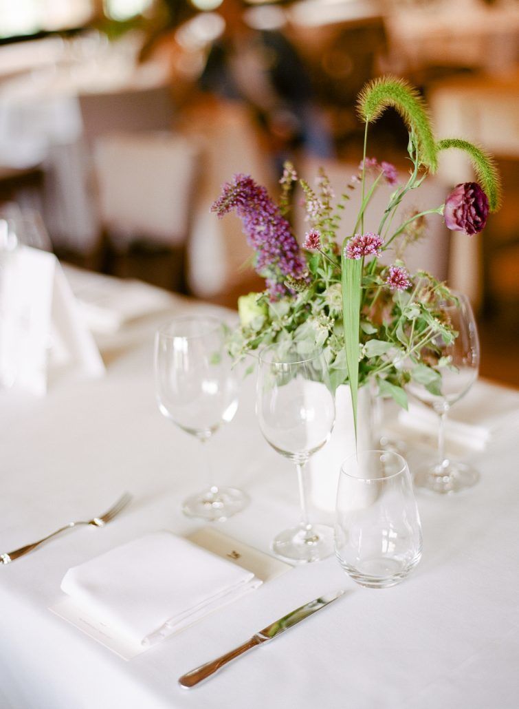 Emma and Izzet Wedding - Greenery and Purple Bloom Low Centerpiece - Blue Hill at Stone Barns NY - By Rebecca Yale
