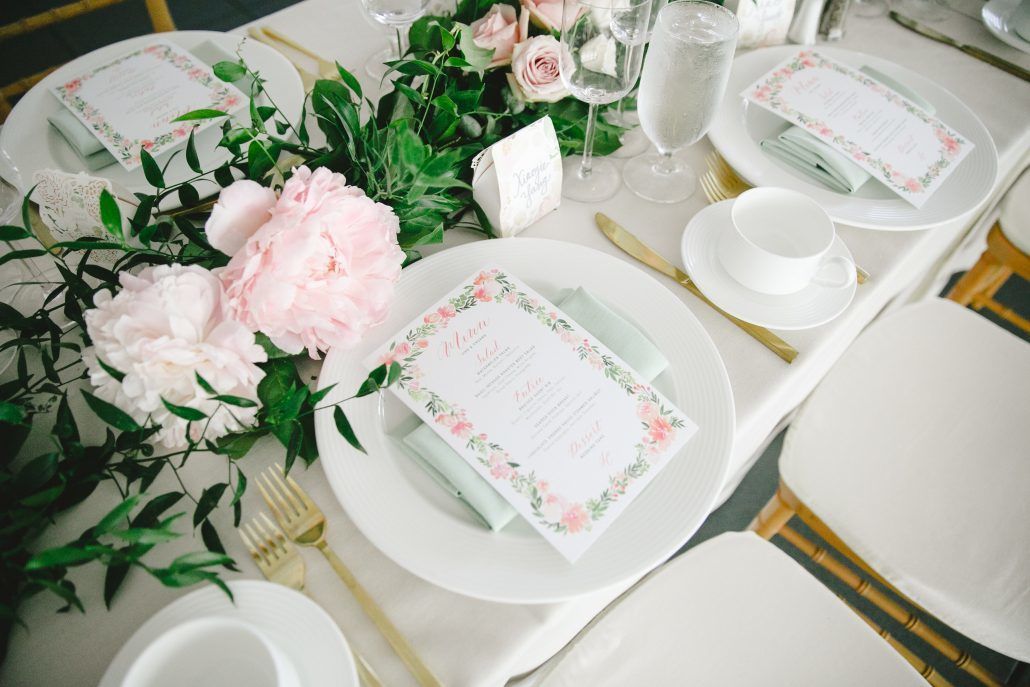 Mary & Galen Wedding - Garland tablescape Greenery Blush Flowers - The Hudson Hotel NYC - Jacquelyne Pierson Weddings