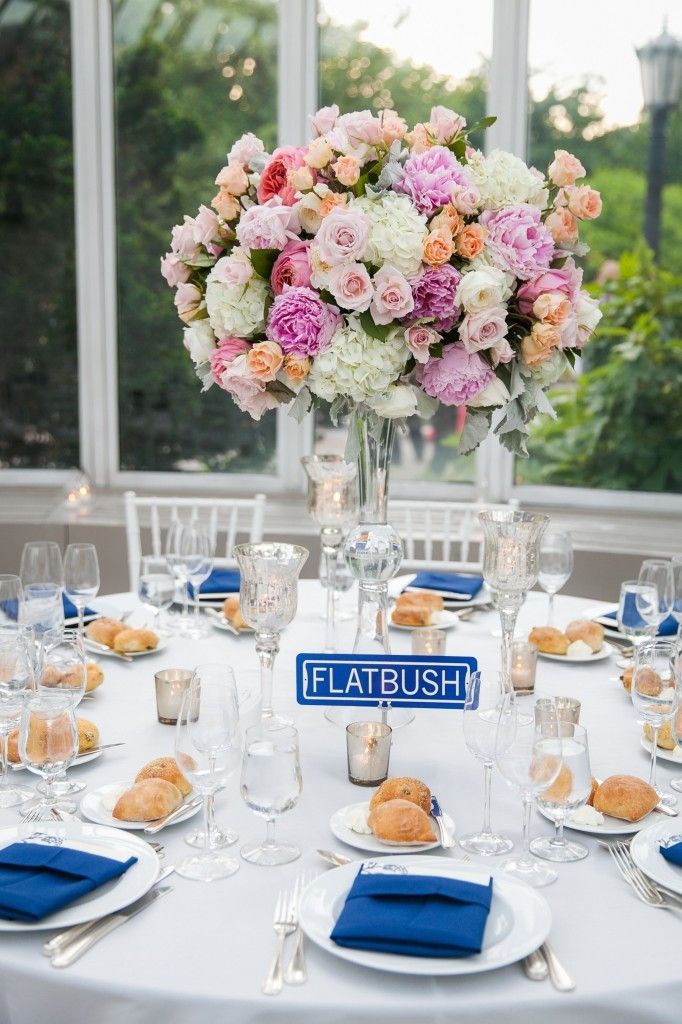 Tracy & Michael Wedding - High Centerpiece - Hydrangea Peony Garden Rose Pink Peach - Brooklyn Botanical Garden - Photography by Emma McDonald Weddings
