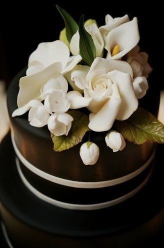 Striking chocolate fondant cake with calla lillies.