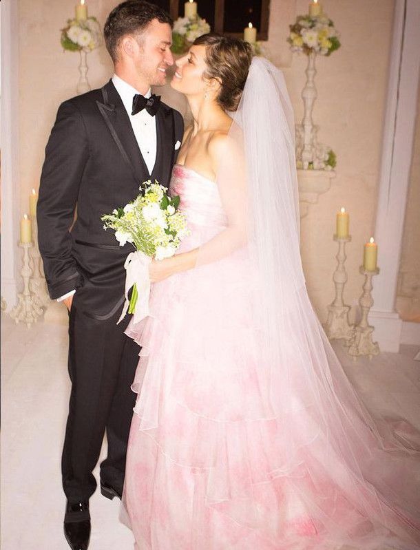 Jessica Biel / Pink Wedding Dress / via bustle.com