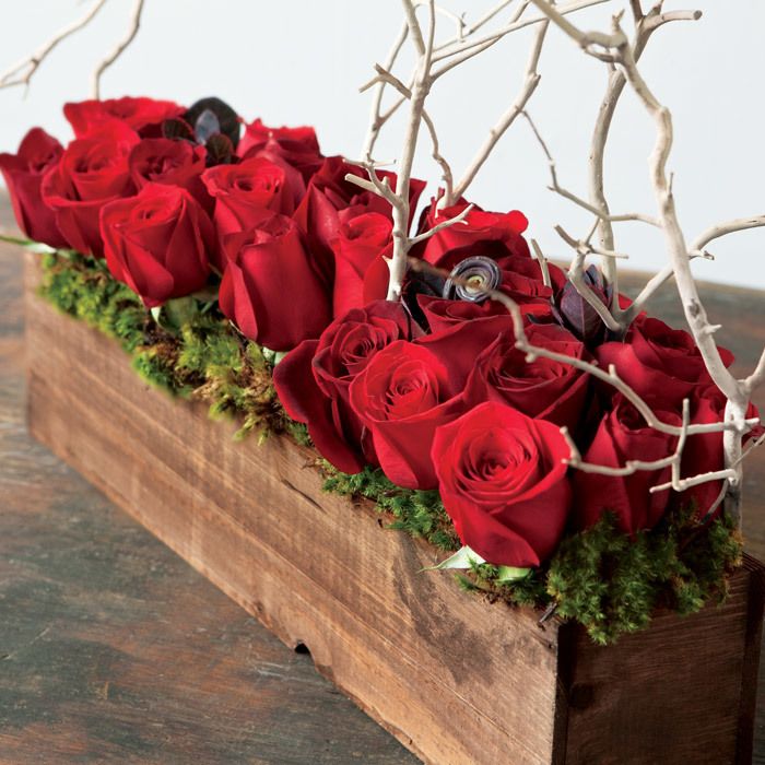 Deep Red Roses Arrangement in Dark Stained Wood Trough via Olive & Cocoa
