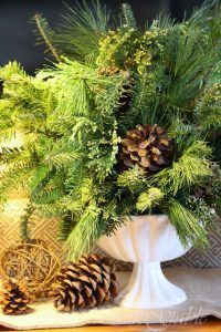Fresh Green Christmas Flower Arrangement with Pine Cones - via StoneGable