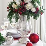 Red, Green and White Centerpiece with Spray Roses, Hydrangeas, Calla Lilies and Pinecones - via Paula Deen Magazine