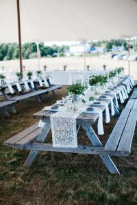 Alyssa and Patricks Maine Wedding - Picnic Table Style Seating - Sarah Morrill Photography - via Sarah Morrill Photography.com