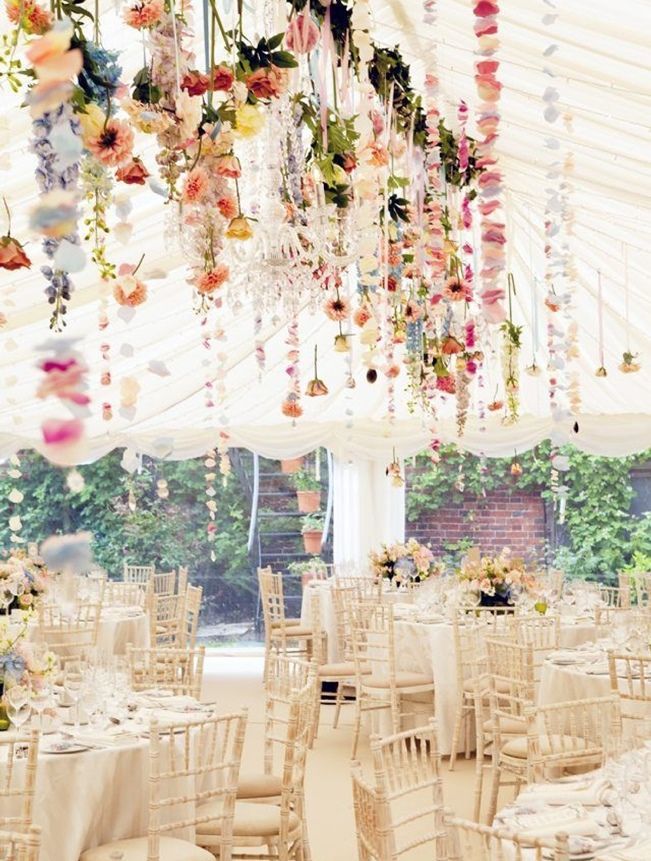 Hanging Flowers - Outdoor Tent Reception Space - Glass Jar Photography - Adorn Magazine - via Wedding Party App.com