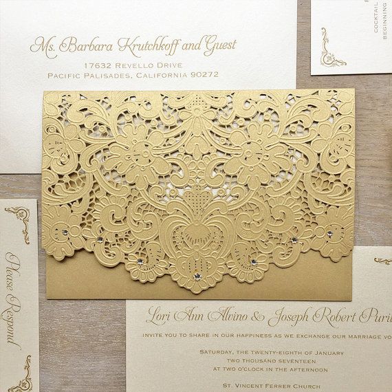 Ivory & Gold Laser Cut Wedding Invitation - Metallic Gold Envelope - via Paper&Lace