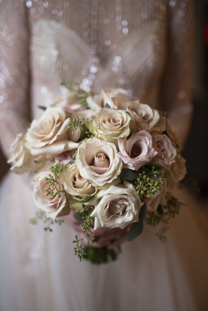 Lauren & Brett Wedding - Bridal Bouquet Quicksand Roses and Seeded Eucalyptus - The Liberty Warehouse