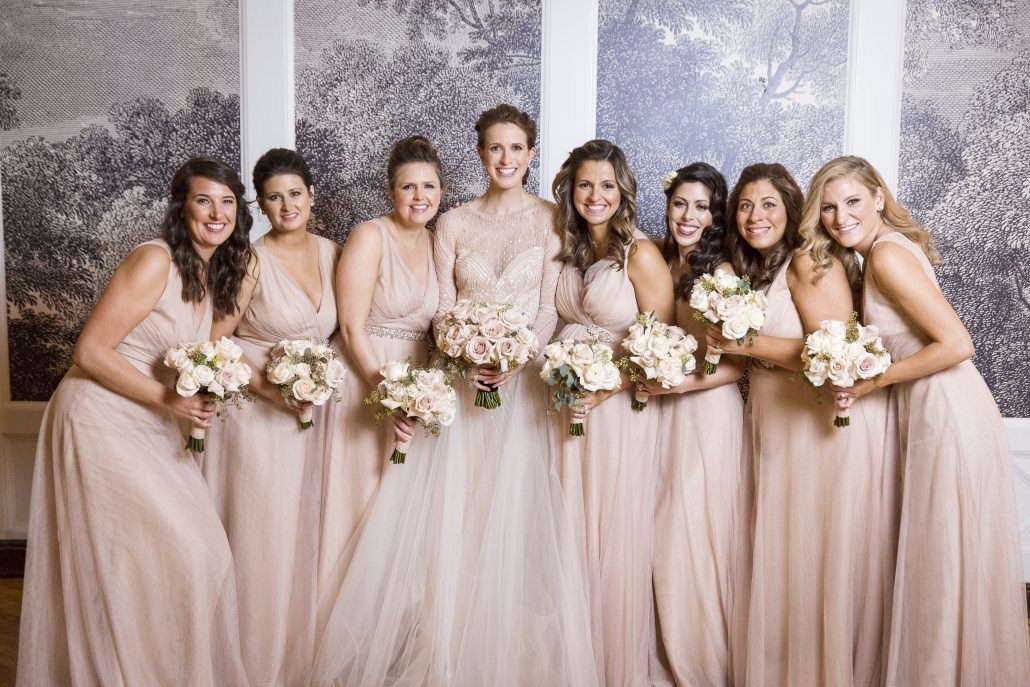 Lauren & Brett Wedding - Liberty Warehouse Brooklyn - Bridal Party with Blush Bouquets