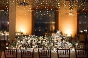 Lauren & Brett Wedding - Low Centerpiece Gold Mercury Glass Quicksand Roses Seeded Eucalyptus Ranunculus - The Liberty Warehouse