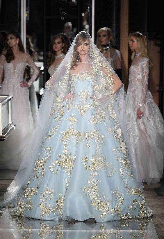 Bridal Gown - Blue and Pink Bridal Accents - Reem Acra - Spring 2018 - via WWD.com