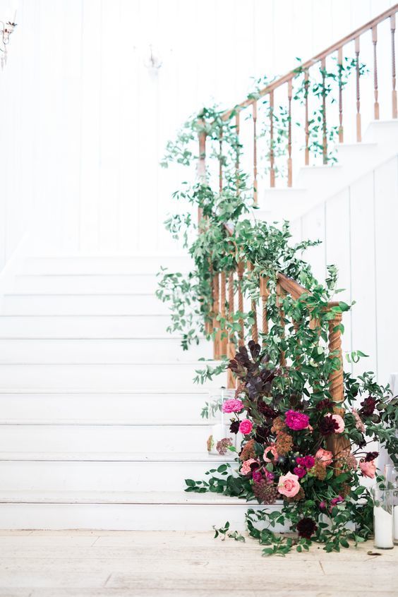 Country Wedding - Greenery Staircase - Florals - The Vault - via Style Me Pretty.com