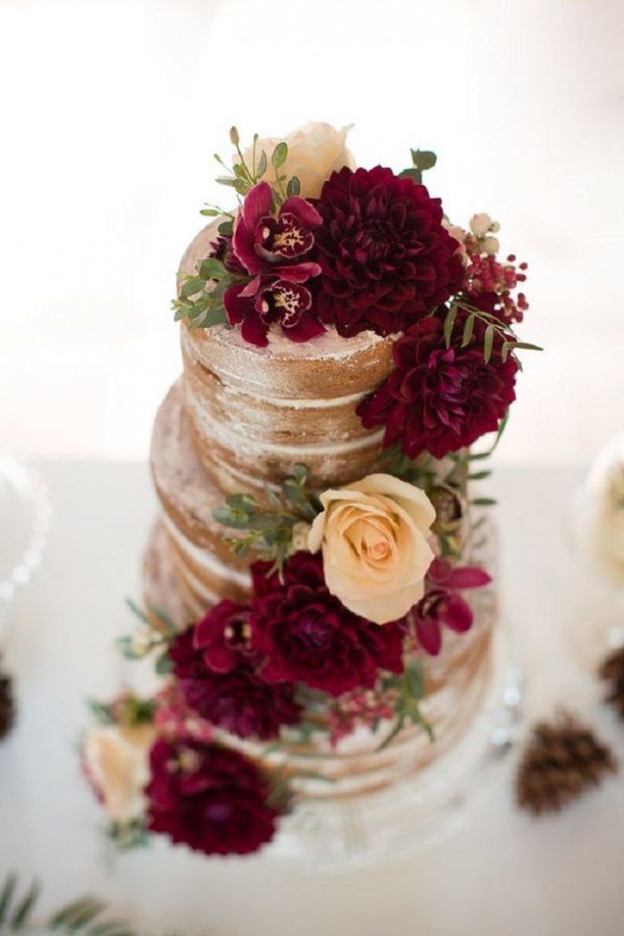 Gold and Cranberry - Fall Naked Wedding Cake - Elegant Woodsy Wedding - via Brendas Wedding Blog.com