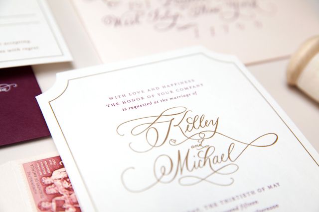Gold and Cranberry - Silk Screen and Die Cut - Wedding Invitations -Calligraphy - by Sincerely Jackie -Oh So Beautiful Paper.com