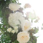 Mary & Galen Wedding - Ceremony Arch -Detail - White Rose - White Spray Rose - Hydrangea and Greenery - The Hudson Hotel NYC -Photography by Jac and Thom