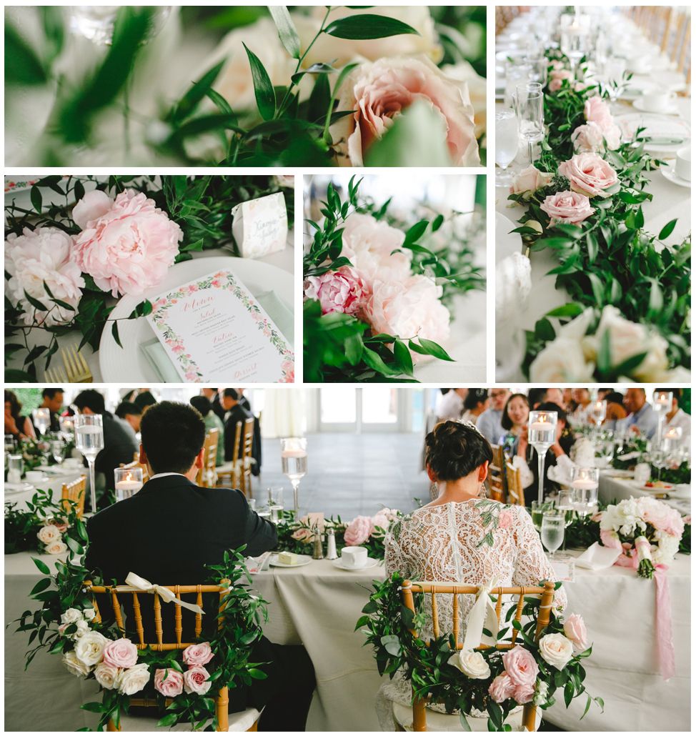 Mary & Galen Wedding Garland Tablescape Greenery Blush Flowers The