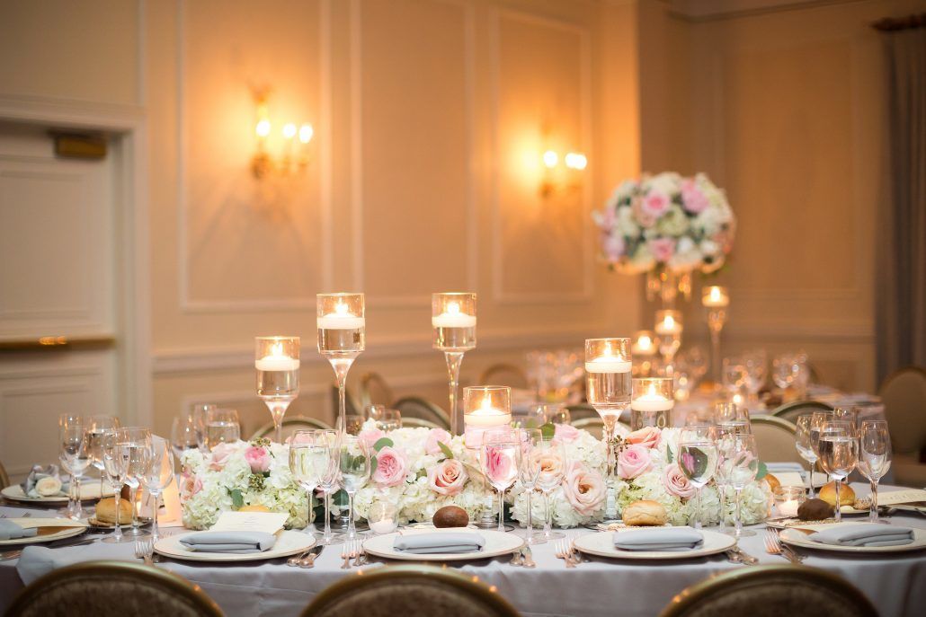 Deborah & Geraldo - Low Centerpiece - Floating Stemmed Candles - Pearl River Hilton -by Cole and Kiera Photography