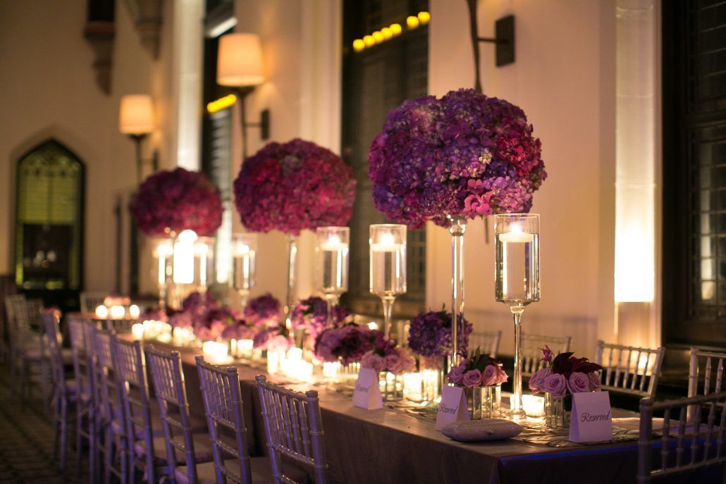 Lindsay & Aaron Wedding - Purple and Lavender Hydrangea High Centerpiece - Castle on the Hudson - Photography by Agaton Strum