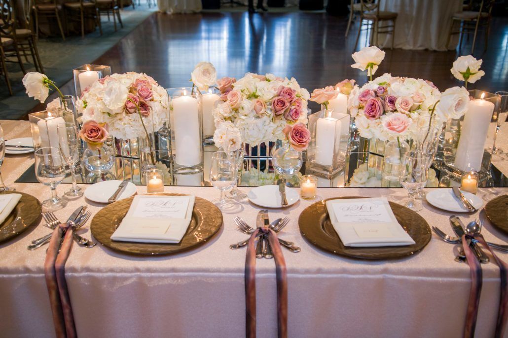 Danielle & Noah Wedding - Cold Spring Country Club NY - Head Table Roses Hydrangea Candles -Photography by Brett Matthews