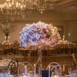 Danielle & Noah Wedding - Cold Spring Country Club NY - High Centerpiece Roses Hydrangea Crystal Stand - Photography by Brett Matthews