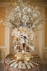 Amanda & Thomas Wedding - Card Table - High Centerpiece - Cherry Blossom Branches Garden Rose Vendela Rose Hydrangea Phal Orchid - Essex House NYC - Photography by Kelly Guenther