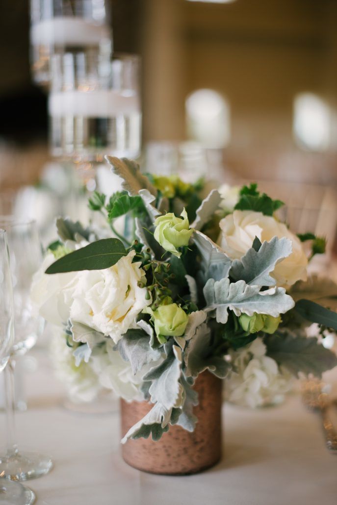 Danielle & Jared - Tibet Rose Hydrangea Lisianthus Garden Rose Dusty Miller Seeded Euc Geranium Low Centerpiece - Ryland Inn NY - by Paul Francis Photography