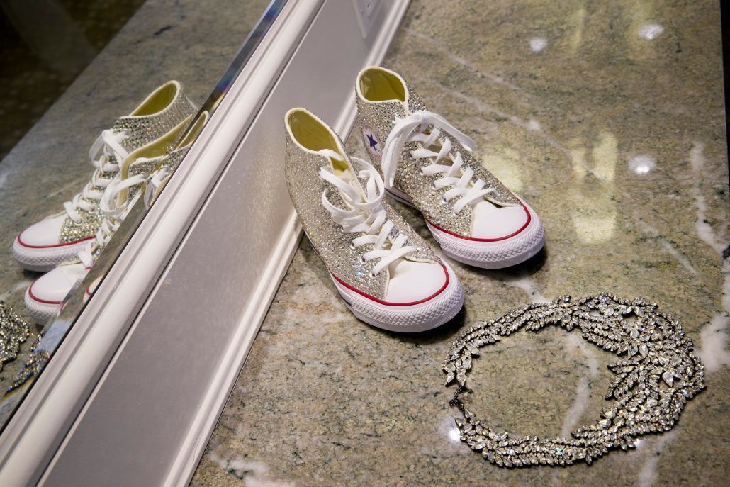 Danielle & Noah Wedding - Cold Spring Country Club NY - Brides Sneakers & Necklace -Photography by Brett Matthews