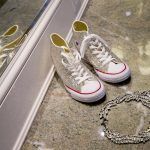 Danielle & Noah Wedding - Cold Spring Country Club NY - Brides Sneakers & Necklace -Photography by Brett Matthews
