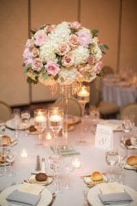 Deborah & Geraldo Wedding - High Centerpiece Hydrangea Quicksand OHara Garden Rose Stock Peony Seeded Euc - Pearl River Hilton - Photography by Colea nd Kiera