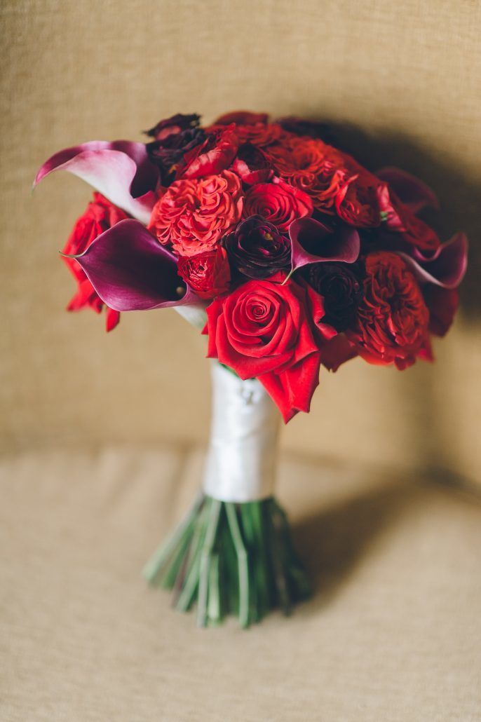 Jamie & John Wedding - Red Ranunculus Charlotte Bacarra Garden Rose Plum Calla Lily Bouquet - Liberty Warehouse - by Ben Lau Photography