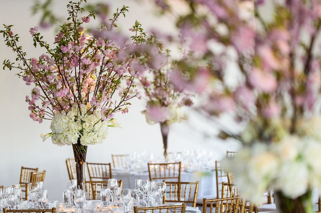 Jessica & Sean Wedding - High Centerpiece - Cherry Blossom Hygrangea Tibet Rose Mini Calla - Maritime Parc NJ - Photography By Daniel Moyer