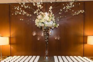 Joyce & Patrick - Quince Hydrangea Tulip Garden Rose La Perla Rose Phal Orchid Dusty Miller Seeded Euc High Card Table Arrangement - Le Parker Meridien NYC - by Susan Stripling Photography (8)