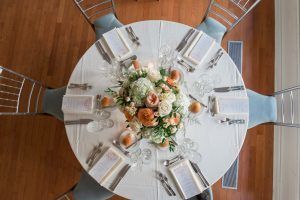 Kate & Alex Wedding - Low Centerpiece - Rose Hydrangea Mini Calla Lemon Leaf Maiden Fern Ruscus - Battery Gardens - Photography by Susan Shek