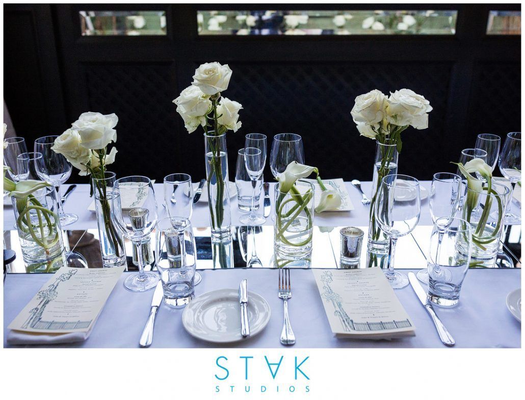 Mairin and Seo Wedding - Mini Calla Tibet Rose Lilac Low Centerpiece - Gramercy Park Hotel - Photography by Stak Studios