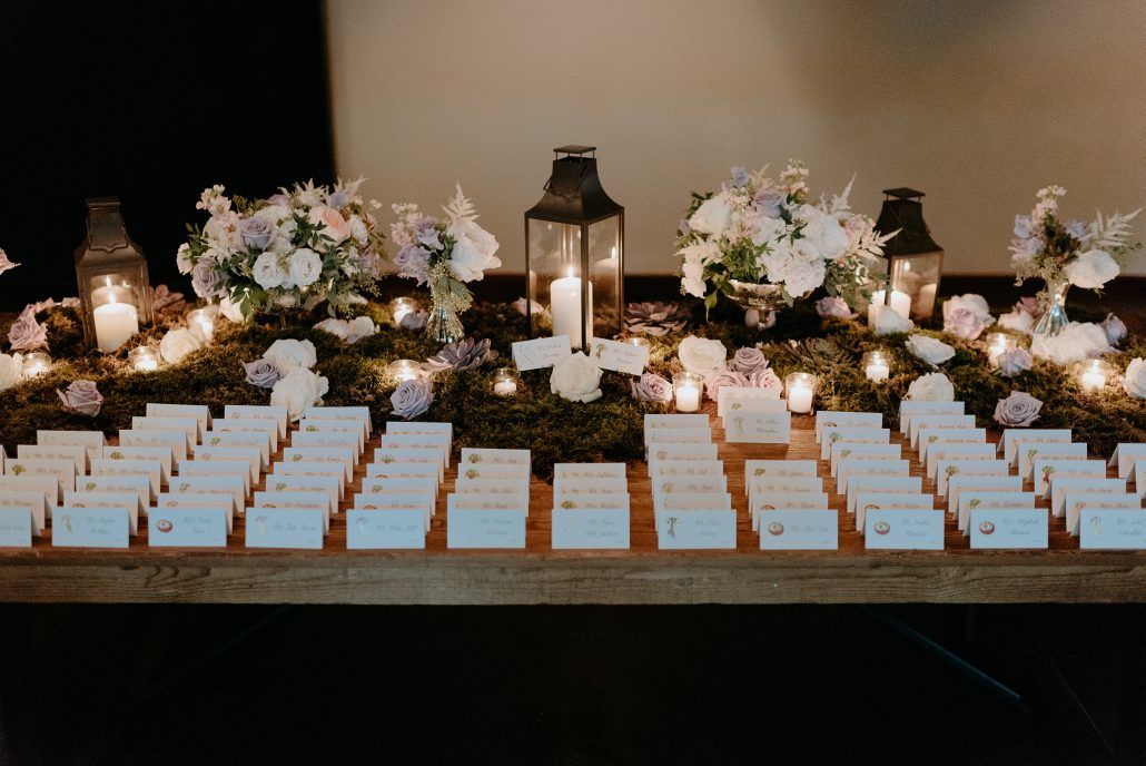 Stephanie & Mike Wedding - Card Table - Juliet Garden Ocean Song Spray Rose Hydrangea Stock Sweet Pea Astilbe Moss Succulent - Blue Hill at Stone Barns - Photography by Golden Hour Studio