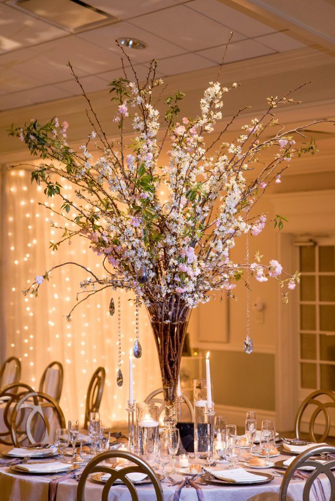 Danielle & Noah - Cold Spring Country Club NY - High Centerpiece - Cherry Blossoms - Photography by Brett Matthews