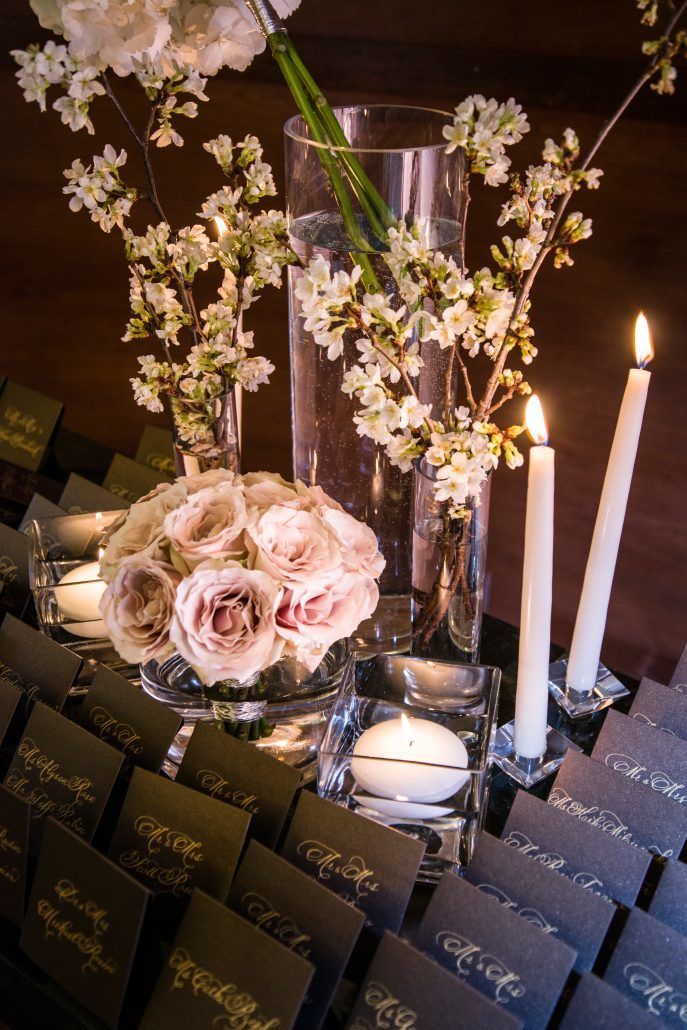 Danielle & Noah Wedding - Card Table - Roses Cherry Blossom Branches - Cold Spring Country Club NY - Photography by Brett Matthews