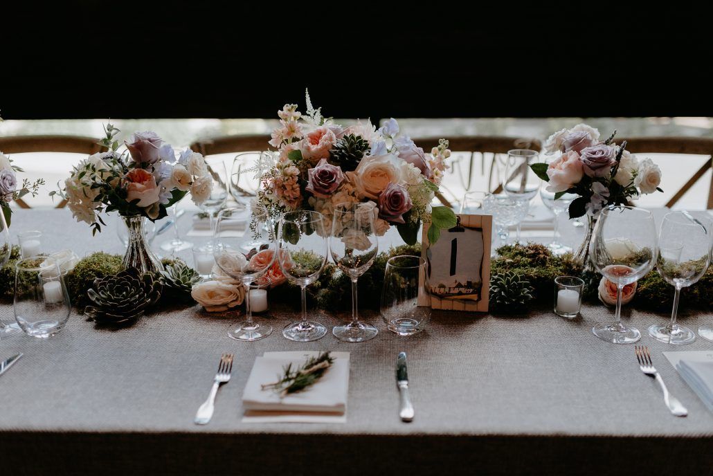 Stephanie & Mike Wedding - Rosemary Lavender Napkin Accent - Low Centerpiece _ Succulents Moss Rose - Blue Hill at Stone Barns - Photography by Golden Hour Studio