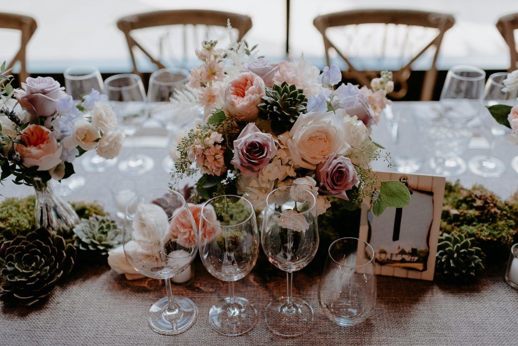 Stephanie & Mike Wedding - Juliet Garden Ocean Song Spray Rose Cafe Au Lait Dahlia Hydrangea Veronica Seeded Parv Eucalyptus Moss Succulent - Table Decor - Blue Hill at Stone Barns - Photography by Golden Hour Studio