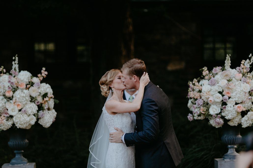 Stephanie & Mike Wedding - Bride and Groom - Ceremony Kiss - Blue Hill at Stone Barns - Photography by Golden Hour Studio