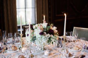 Cari and AnShih Wedding - Parv Euc Dahlia Hydrangea Ranunculus Garden Spray Vendela Rose Stock Ruscus Low Centerpiece - Lotte New York Palace NYC - by Kelly Kollar Photography