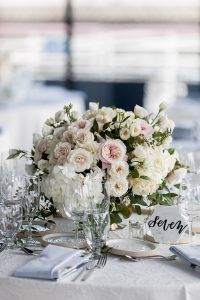 Emily & Daring Wedding - Low Centerpiece - Dahlia Eucalyptus Hydrangea Lisianthus Garden Spray Rose Ruscus - Battello - Photography by Casey Fatchett