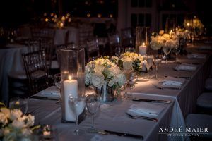 Lauren and Will Wedding - Parv Silver Dollar Euc Hydrangea Lisianthus Olive Green Garden Spray Rose Stock Low Centerpiece - by Andre Maier Photography - 400